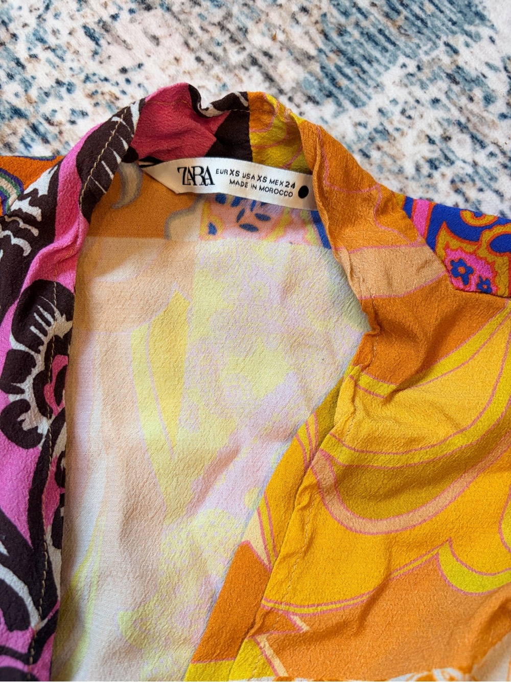 Zara Multicolor Floral Patchwork Faux Wrap Dress — Orange, Pink, Yellow - Picture 3 of 3